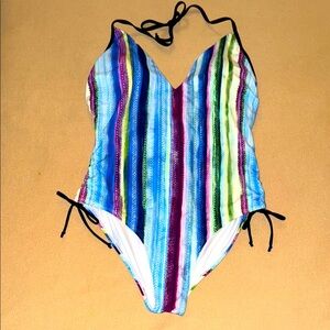 Meet Curve Colorful Striped Halter One Piece Swimsuit - XL